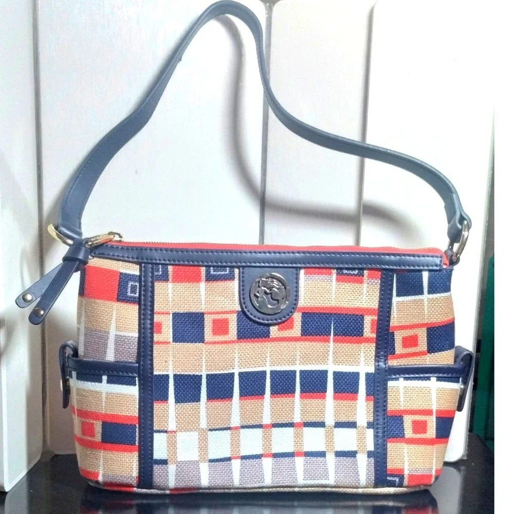 Spartina 449 Daufuskie Island Linen Leather Shoulder Bag Geometric Navy Orange